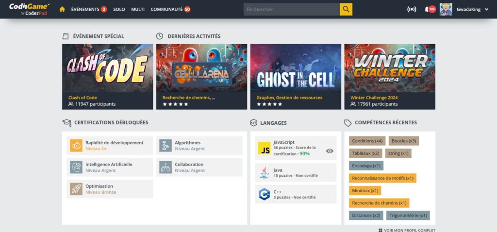 Sur codingame, on peut affronter d'autres développeurs dans plus de 40 langages de programmation