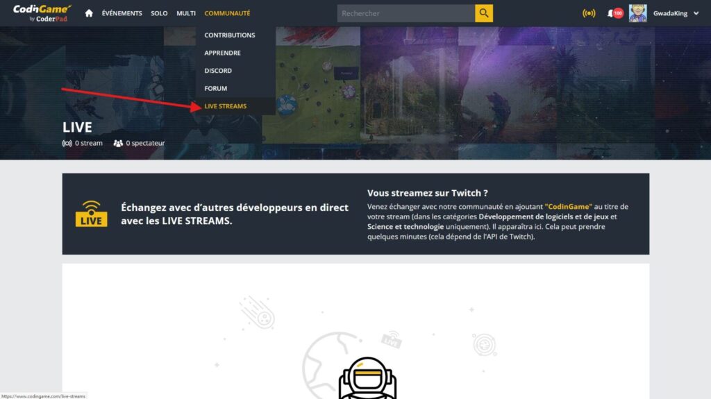 Les membres de Codingame organisent des live streams depuis Twitch, et visibles sur le site