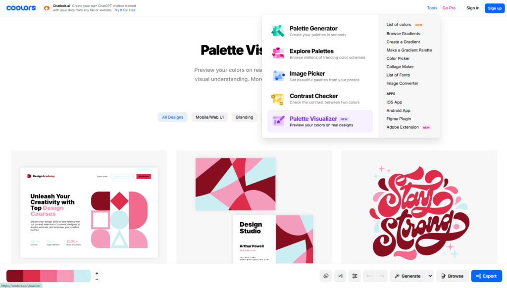 Le visualiseur de palettes de coolors permet de tester différentes palettes sur un visuel de notre choix ou un template