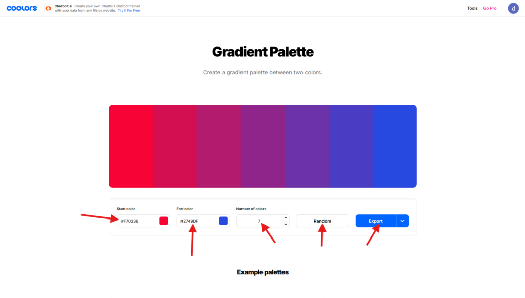 ce générateur de palettes de dégradés de coolors est épuré et ergonomique comme tous leurs outils
