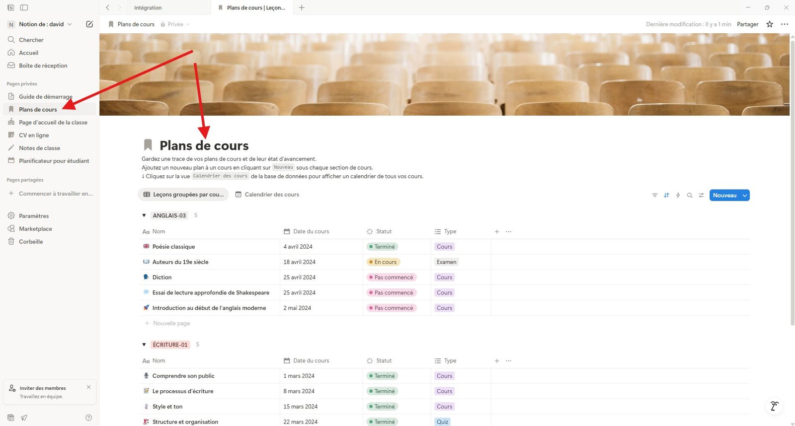 Créer, gérer un plan de cours est super intuitif avec Notion.