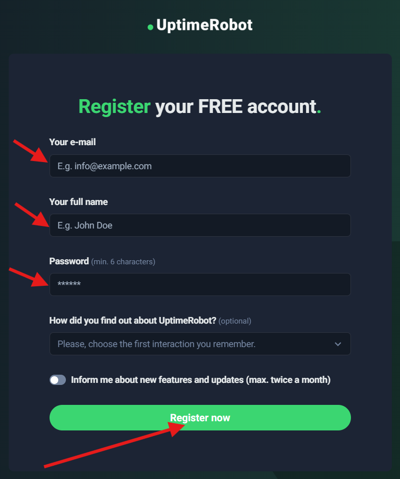 Inscription à Uptime Robot indispensable pour utiliser l'outil