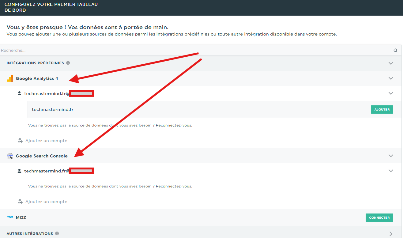 DAns mon cas, je viens de connecter Google Analytics et Techmastermind à DashThis.