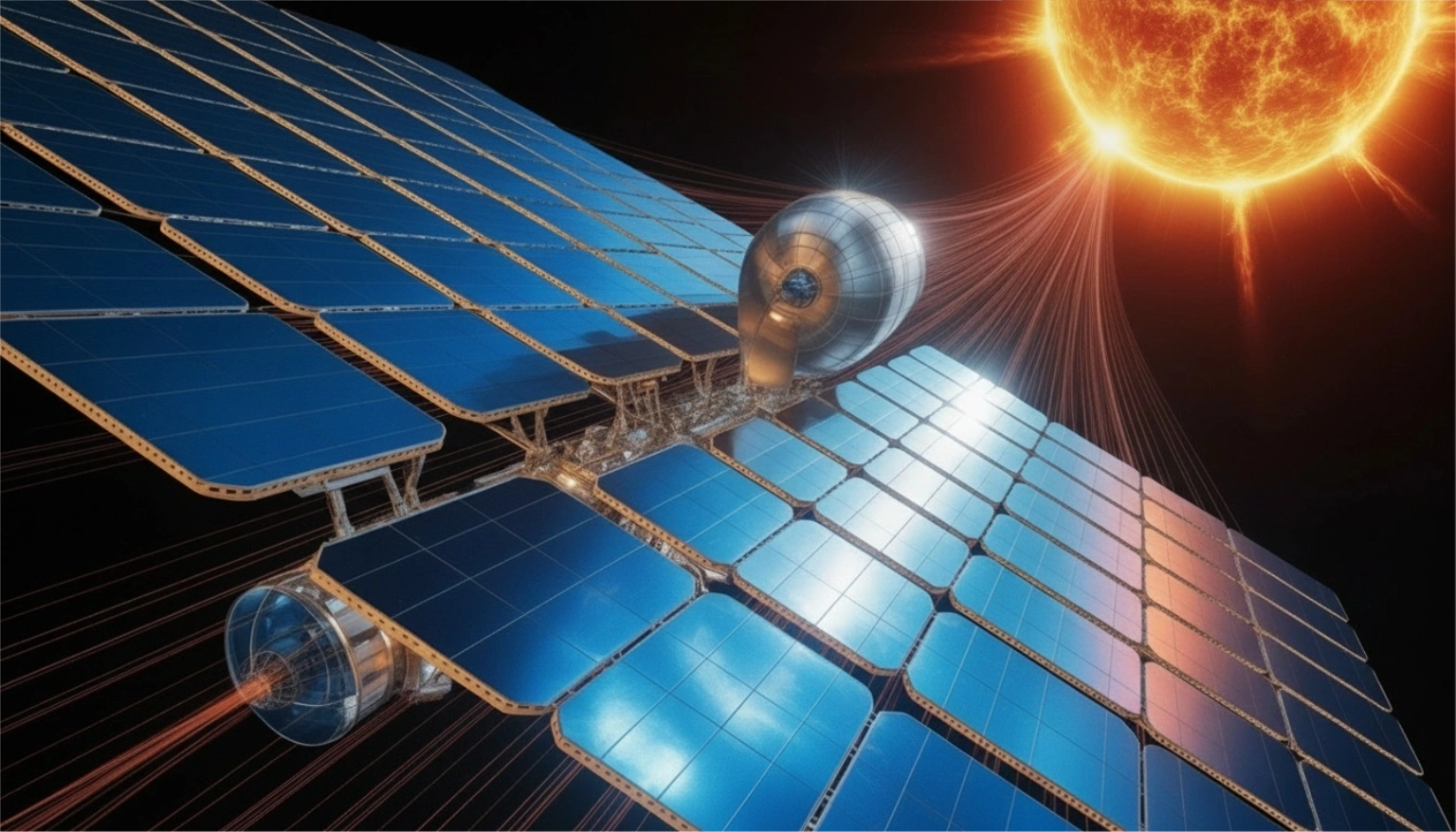 Le principe de base est de capter la lumière du soleil en orbite, où elle est plus intense et constante, sans cycle jour-nuit ni nuages pour l’interrompre. Les panneaux photovoltaïques spatiaux sont développés pour être à la fois ultralégers et très efficaces. Ils doivent résister aux conditions extrêmes de l’espace, comme les rayonnements.