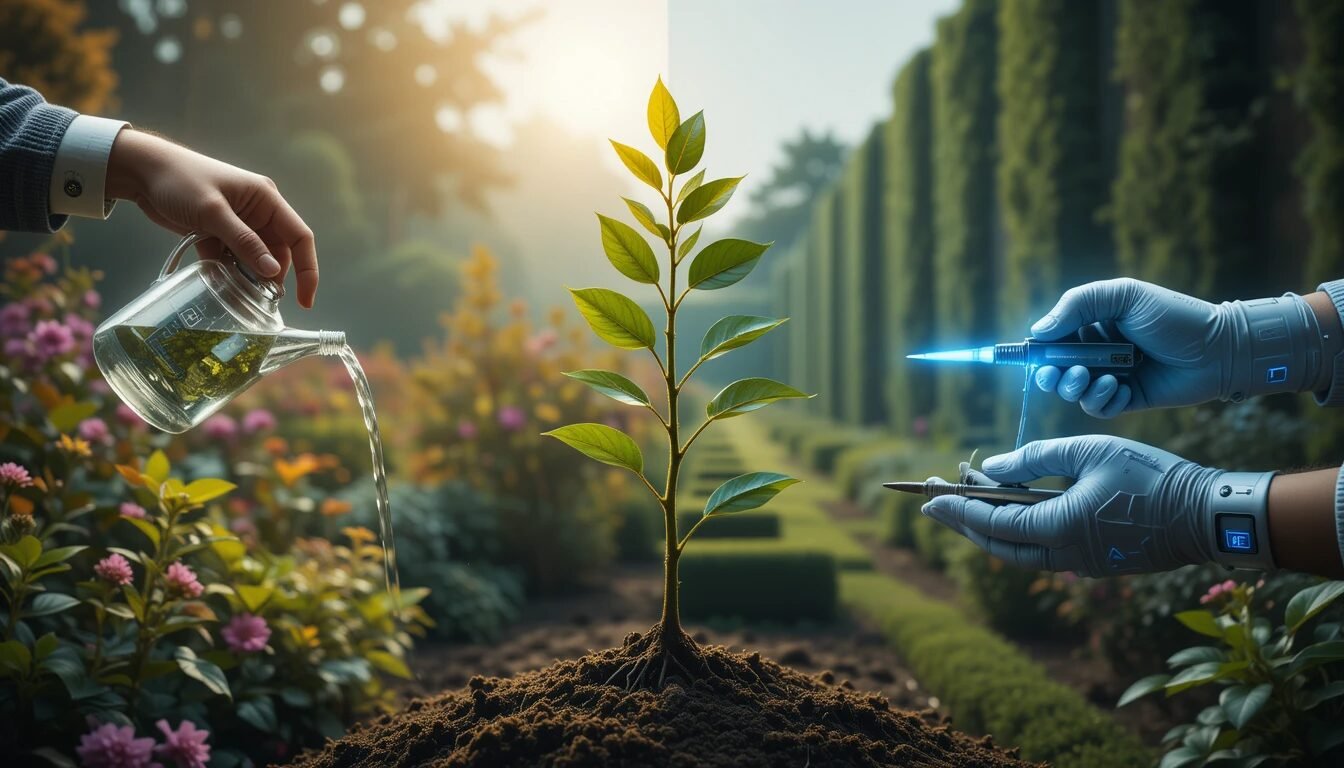 "Les Deux Jardiniers" Cette image illustre le dilemme philosophique entre accepter la nature (Sandel) et l'améliorer (Savulescu).